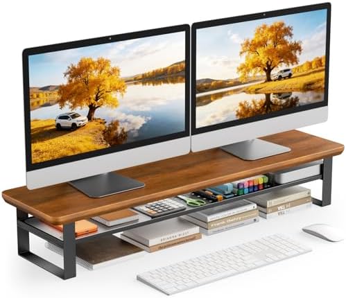 Dual Monitor Stand, 35.4 Inch Monitor Stand Riser for 2 Monitors, 2 Tiers Wood Desk Shelf with Storage, Desktop Organizer Stand for Computer, Laptop, Printer, TV by NestNeatHome