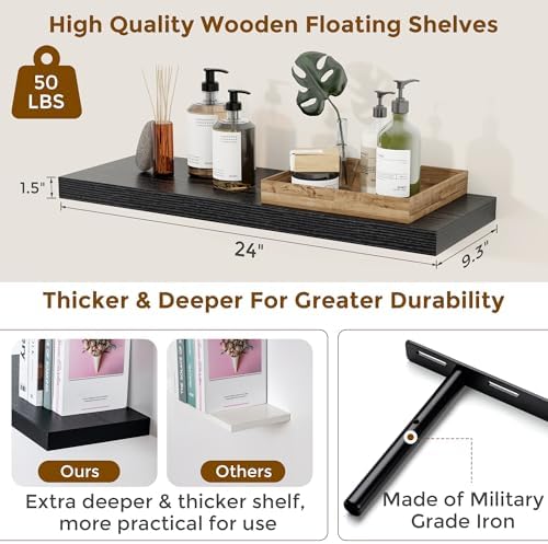 Floating Shelves for Wall, 24in Black Wooden Shelves Set of 2 - Image 3