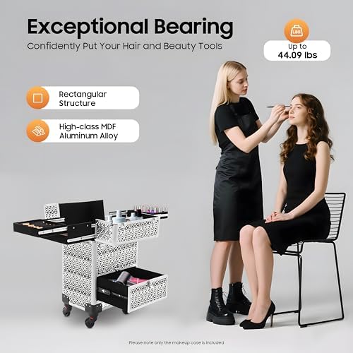Rolling Makeup Manicure Storage Case, Makeup Trolley Rolling w/4 Universal Wheels Professional Aluminum Cosmetic Trolley Cases w/lock for Studio or Travelling (Silver) - Image 6
