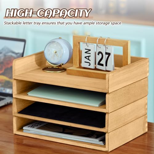 Yeaqee 4 Pcs Stackable Organizer Tray Wood Desk Organizer, Light Wood Color - Image 5