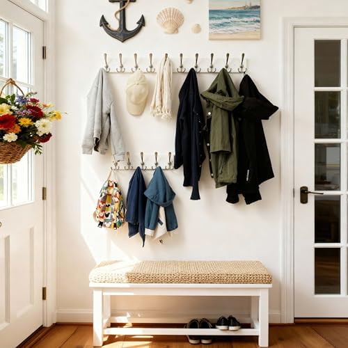 SKOLOO Creations White Solid Wood Wall Mounted Coat Rack, 10 Hooks, 38-1/8" Long - Kitchen, Mudroom, Entryway, Bathroom - Includes Mounting Hardware, Wall Coat Hanger, Towel Rack, Pack of 2 - Image 4
