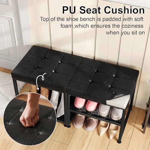 DreamDashio Set of 2 Small Shoe Storage Benches with PU Leather Cushion, 3-Tier Shoe Rack Organizer for Entryway, Metal Mesh Shelves, Holds Up to 300 lbs, Black (31.5"x11.4"x17.5") - Image 5