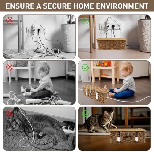2 Pcs Large Rattan Cable Management Box, Cord Organizer Box with Lid Under Desk Router Wire Hider Storage Boxes with 4 Exits for TV Wires Computer Surge Protector USB Hub Power Strip, 14.2×6.7×5.9" - Image 7
