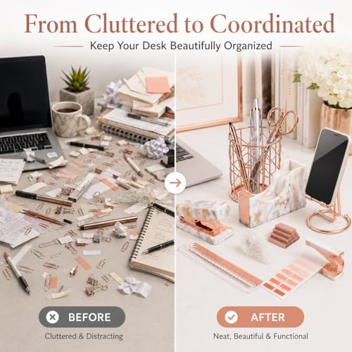 Office Desk Supplies Accessories - Women Marble Desk Decor Set Rose Gold - Image 4