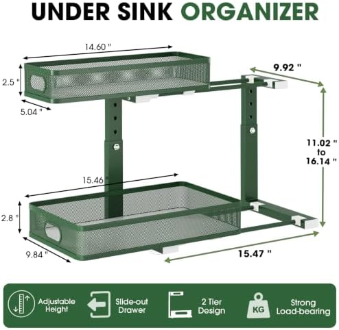 Under Sink Organizer 4-Pack, Metal 2-Tier Pull-Out Cabinet Shelf with Slide-Out Mesh Drawers, Height Adjustable, Space-Saving Under Sink Storage Racks for Kitchen, Bathroom, Laundry Room,Dark Green - Image 2