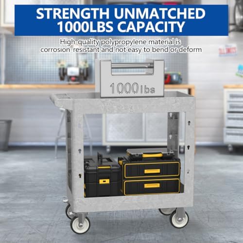 Large Garage Plastic Utility Cart, Heavy Duty 2 Shelf Tool Cart Service Cart Rolling Push Carts with Ergonomic Handle 5" Swivel Casters. - Image 6