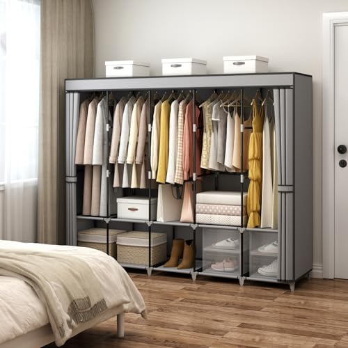 MOGELAFOO 83 Inch Wide Portable Closet Wardrobe, Clothes Storage Rack Organizer with Cover, 5 Clothes Hanging Rods and 10 Storage Shelves, Grey - Image 3