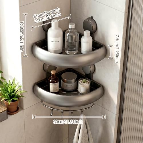 Shower Caddy Suction Cup（2-Pack Gray）, No-Drilling Corner Bathroom Organizer,Rust Proof Shower Shelf for Inside Shower with Removable Hooks & Towel Bar - Image 2