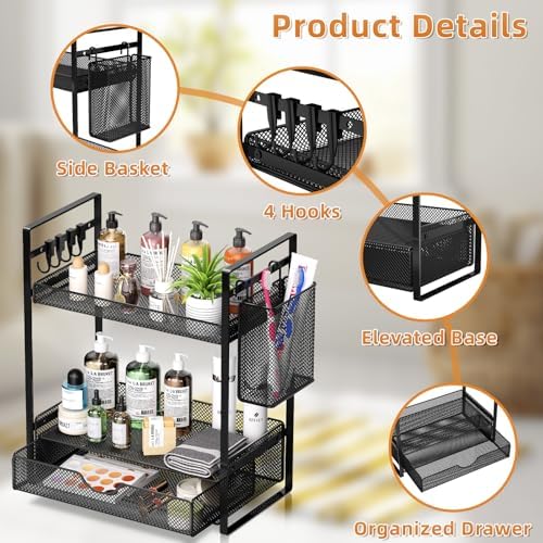 VITVITI 2 Tier Bathroom Organizer Countertop with Drawer, Metal Mesh Bathroom Counter Vanity Organizer Storage, Bath Room Sink Kitchen Spice Rack with Basket Hooks, Black - Image 6