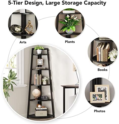Tribesigns 70 inch Tall Corner Shelf, 5 Tier Modern Corner Bookshelf Bookcase Industrial Corner Ladder Shelf Plant Stand for Living Room, Kitchen, Home Office (Black) - Image 6