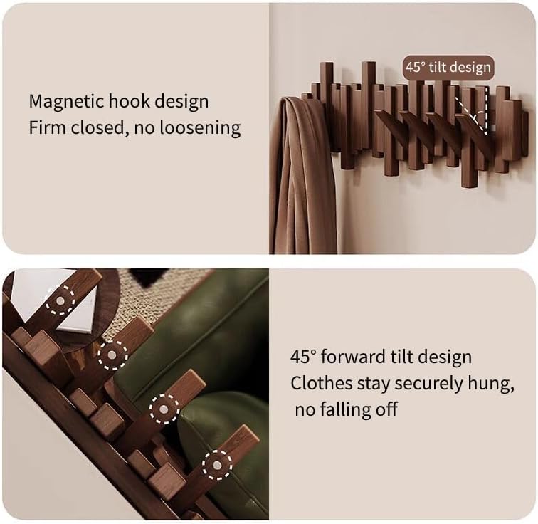 ELECANE Piano Key Coat Rack Wall Mount, Solid Wood Flip Down Magnetic Hooks Piano Coat Rack, Wall Mounted Coat Hanger 8‑Hooks for Entryway Hallway Bedroom Kitchen Home Storage - Image 6