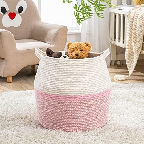 KAKAMAY Woven Baskets for Storage(17"x17"),Large Cotton Rope Woven Baby Laundry Hamper,Collapsible Laundry Basket, Blanket Basket for Organizing Living Room,Nursery,Pillows,Toy Chest(Pink) - Image 5