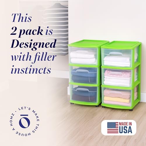 HOMZ Drawer Tower, 3-Tier Storage Cart with Removable Wheels, Lime, 2 Pack - Image 3