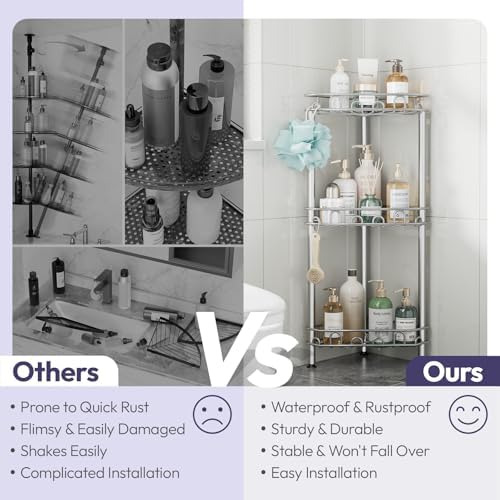 SWTYMIKI Standing Shower Caddy Corner - 3‑Tier Stainless Steel Shower Organizer Shelf with 12 Hooks and Adhesive Pads, Rustproof Corner Shelves Stand Rack for Bathroom Shower Room, Silver - Image 2