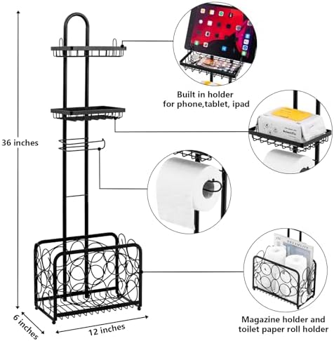 Oasis Creations Toilet Paper Holder Tissue Rack Stand with Magazine Toilet Roll Storage Basket- Freestanding, Black Metal - Image 4
