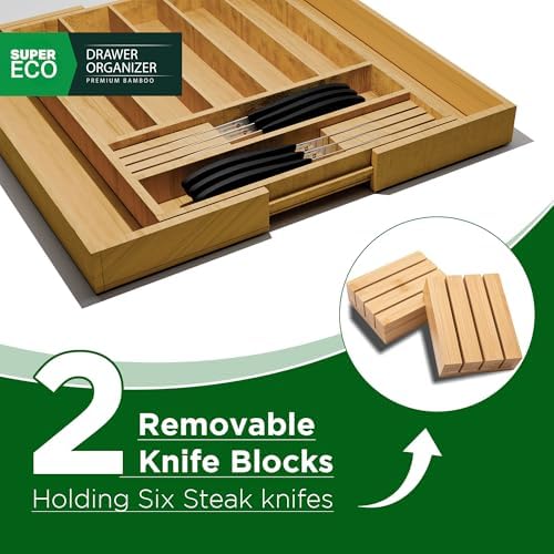 Bamboo Kitchen Drawer Organizer - Bamboo Expandable Drawer Organizer Utensil Holder & Cutlery Tray - Adjustable Wood Drawer Dividers Organizer for Silverware, Flatware, Knives (9 Slot) - Image 3