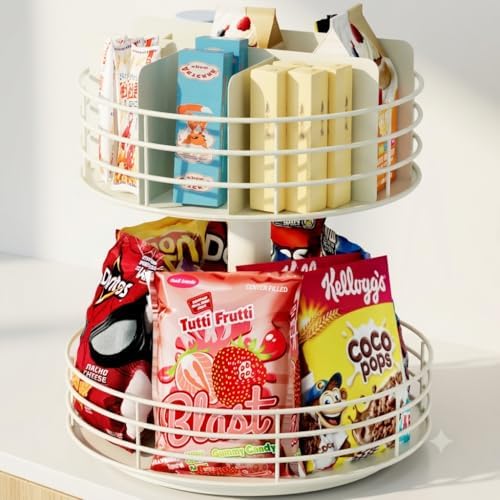 Snack Organizer - Versatile Snack Storage 2 Tier Lazy Susan with Convenient Grab-and-Go Design, Metal Snack Holder for Home, Office, Breakroom, 12.13" L x 12.13" W x 12.56" H (Matte White) by NANAGIFTREE