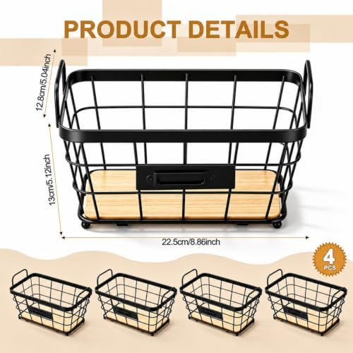 4 Pcs Black Metal Wire Storage Baskets with Wood Bottoms,Small - Image 2