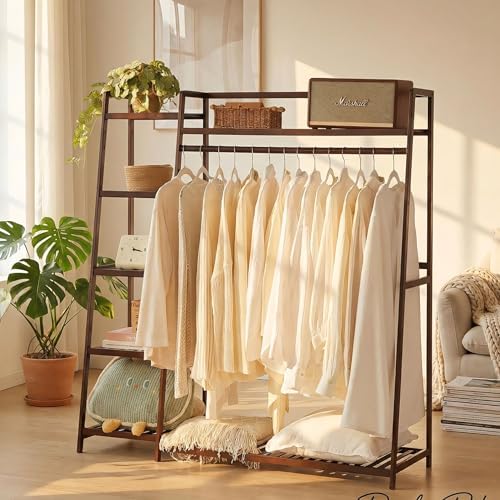 Baveke Standing Clothes Rack with Shelves, Free Standing Closet Garment Racks for Hanging Clothes, 7 Shelf Bamboo Closet Organizer System, Heavy Duty Clothes Hanging Rack for Bedroom by Baveke