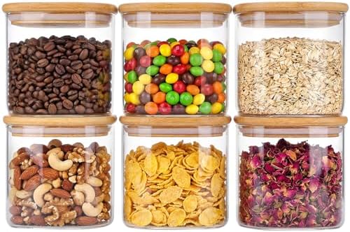 6pcs Glass Food Storage Containers with Bamboo Lids, 0.6qt Glass Jars by Moretoes
