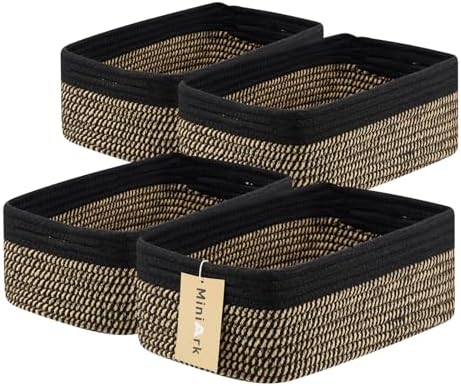 MiniArk Small Storage Baskets for Organizing | Closet Organizer Bins | Shelf Toy Basket | Woven Rope Baskets | Cube Decorative Box | Shallow Basket | 13x8.5x5.1” | 4 Packs Black Brown by MiniArkStorageBasketsHome
