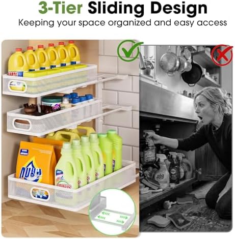 Under Sink Organizer 3 Tier, 2 Pack L-Shaped Pull-Out Cabinet Organizer with Sliding Metal Mesh Drawers, Height Adjustable Under Sink Storage Rack for Kitchen Bathroom Cabinet, White - Image 2