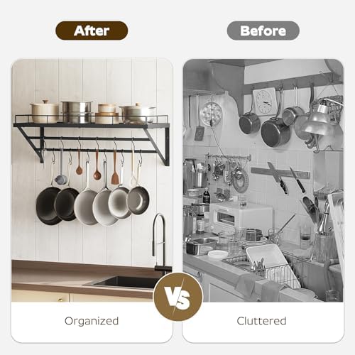 YATINEY Pot Rack, 30 Inch Wall Mounted Pot Rack, Kitchen Pot and Pan Organizer with 2 Tier Hanging Rails, 12 S-Hooks, Space Saving, for Kitchen Cookware Organizer, Black PR02BK - Image 6