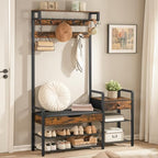 HOOBRO Hall Tree with Bench, Shoe and Coat Rack for Entryway, Coat Rack with Bench, Flip Top Storage Box, PU Cushioned Seat, Non-Woven Fabric Drawer, for Entrance, Rustic Brown and Black BF110MT01 by HOOBRO