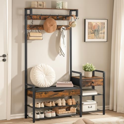 HOOBRO Hall Tree with Bench, Shoe and Coat Rack for Entryway, Coat Rack with Bench, Flip Top Storage Box, PU Cushioned Seat, Non-Woven Fabric Drawer, for Entrance, Rustic Brown and Black BF110MT01 by HOOBRO