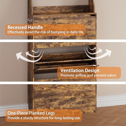 Brown Hidden Shoe Cabinet with 3 Flip Drawers & Coat Rack, Entryway - Image 5