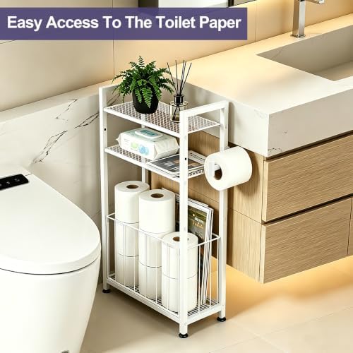 Freestanding Toilet Paper Holder with Storage for Small Bathrooms, White - Image 3