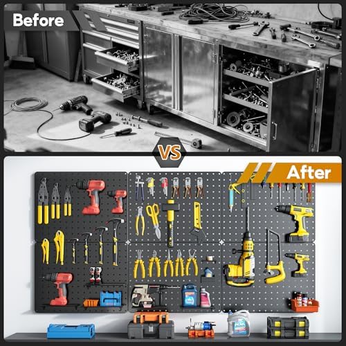 Peg Board, 112PCS Heavy Duty Metal Pegboard with Hooks, 6 Pack Black Peg Board Panels, 60lbs Load Capacity Each, Pegboard Wall Organizer for Garage, Workshop, Kitchen, Craft Rooms - Image 3