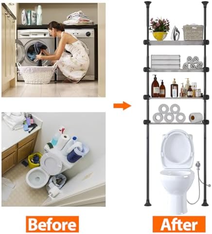 4-Tier Over The Toilet Storage Shelf, 4.5-9.5 FT Adjustable Bathroom Organizer, Heavy Duty Metal Shelves Above Behind Toilet Laundry, Space-Saving Shelving for Small Rooms, No Drill Tenant Friendly - Image 6