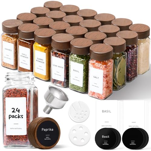 ComSaf Glass Spice Storage Jars with Acacia Wood Lids & Labels 4Oz 24Pack by ComSaf