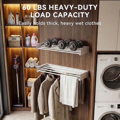Wall Mounted Clothes Drying Rack - Heavy Duty 5-Rod Retractable Clothing Drying Rack, 60LBS Capacity Tiered Laundry Hanger, Large Foldable Dryer Racks for Indoor - Image 3