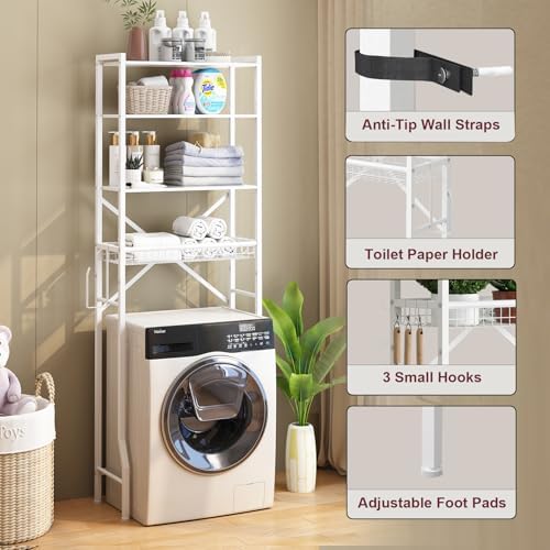 Over-The-Toilet Storage Shelf, 4-Tier Bathroom Organizers and Storage with Wooden Shelf, Freestanding Bathroom Storage Shelves Above Toilet for Laundry & Space Saver, White - Image 4