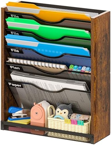 6-Tier Wall File Organizer with Bottom Tray, Ironwood Mail Organizer Wall Mounted with Metal Mesh, Document Organizer for Paper, Folder, Magazine, Office Desk Accessories for Home Cubicle Countertop by koozuuyk