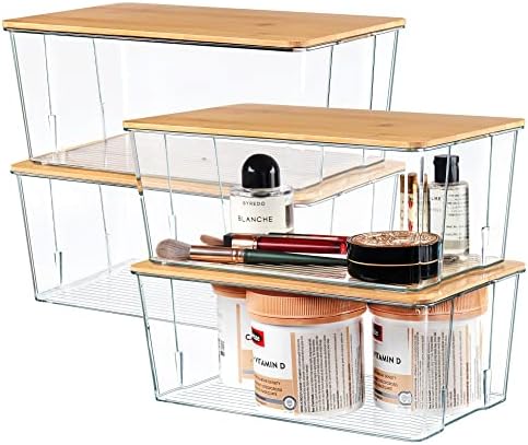 Hudgan 4 Pack Clear Plastic Storage Bins with Bamboo Lids, Stackable Storage Containers for Organizing Medicine Cabinet Organizer, Craft Room, Bread Box by HUDGAN