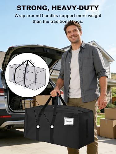 HOMESURE Supports 200lbs Heavy Duty Moving Bags - Strong Zipper & Wrap-Around Handles - Water-Resistant Storage Totes, Durable Alternative to Moving Boxes - 8 Pack - Black - Image 2