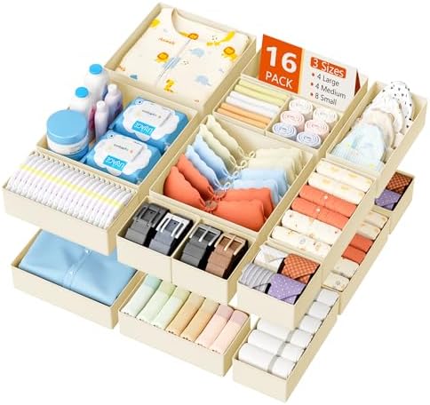 DIMJ Drawer Organizer Clothes - 16 Pack Baby Dresser Organizer for Nursery, Foldable Drawer Organizer Bins for Closet Bedroom Organization, Fabric Clothes Storage Dividers for Underwears, Socks, Bras by DiMJ