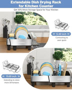 304 Stainless Steel Expandable Dish Drying Rack with Drain Spout, Black - Image 4