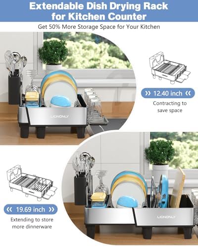 304 Stainless Steel Expandable Dish Drying Rack with Drain Spout, Black - Image 4