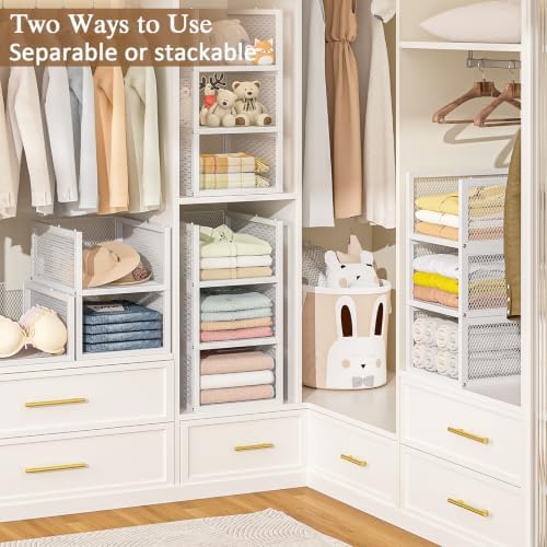 3 Pack Stackable Closet Organizers and Storage Basket, Wire Closet Shelf Organizer Storage Bins, Pull-Out Sweatshirt Organizer for Wardrobe Cupboard, Space-Saving Cube Clothes Storage Drawer, White - Image 3