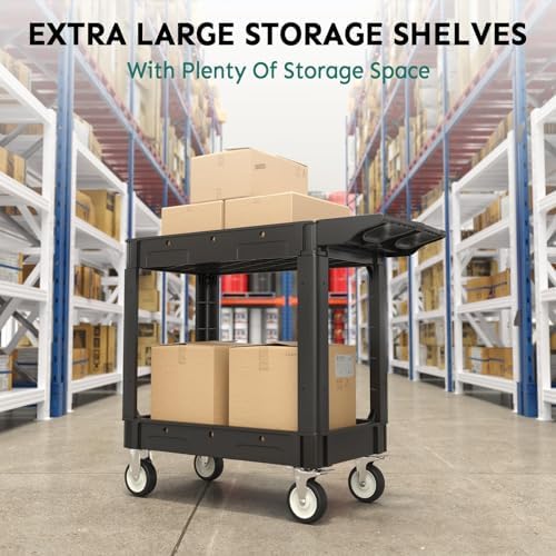 Plastic Utility Cart on Wheels, 40 x 17 Inch Rolling Service Cart-Black - Image 5