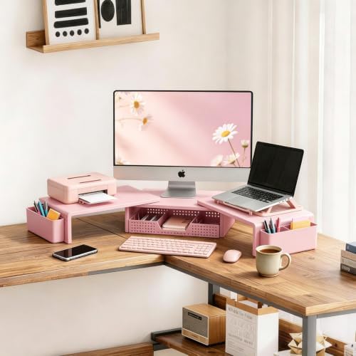 LEKETREE Dual Monitor Stand Riser with Drawer and 2 Pen Holders, Pink - Image 2