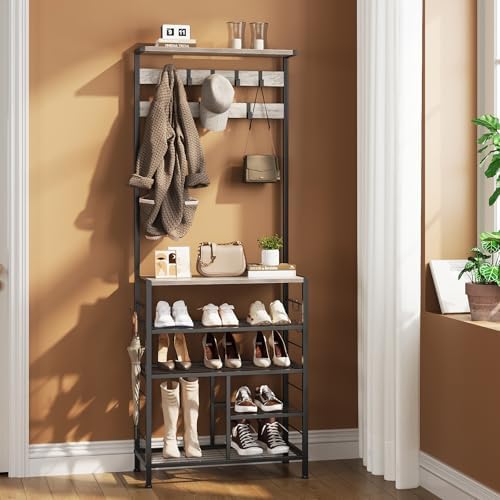 GiftGo Vintage Large 5-Tier Hall Tree with Console Table Entryway Coat Rack Floor Standing Shoes Rack Storage Shelf Organizer for Home Office Bedroom (Greige) - Image 3