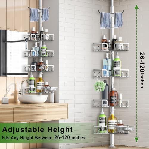 Corner Shower Caddy Tension Pole 4 Tier Adjustable Stainless Steel Shower Shelf for Inside Shower Bathtub Shampoo,Standing Bathroom Organizer Shelves with 26 to 120 inch Height - Image 2