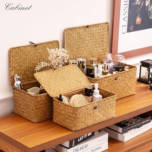 Nonam M&L Seagrass Storage Baskets with Lids, Woven Organizer Bins, Natural - Image 2