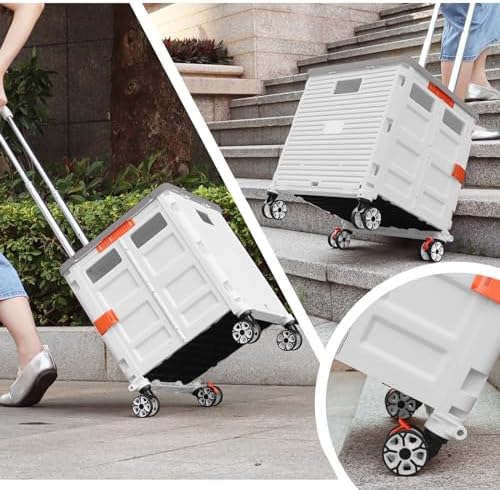 Foldable Utility Cart Folding Portable Rolling Crate with Magnetic Extended Lid,360°Rotate Wheels,176LBS Load Capacity,Heavy Duty Durable Dolly Cart for Teacher Tourist Shopping Office Outdoor(White) - Image 4