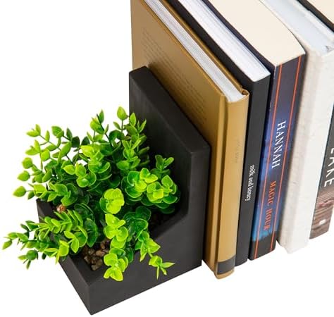 Mind Reader Contemporary Planter Bookends, Book Holders with Faux Greenery, Decorative Desktop or Shelf Organizer, Cement, Set of 2, Black - Image 4